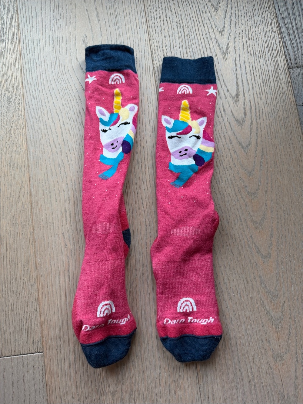 Darn Tough Kids' Rasbpberry Unicorn Knee-High Ski Socks with Navy Accents Size L